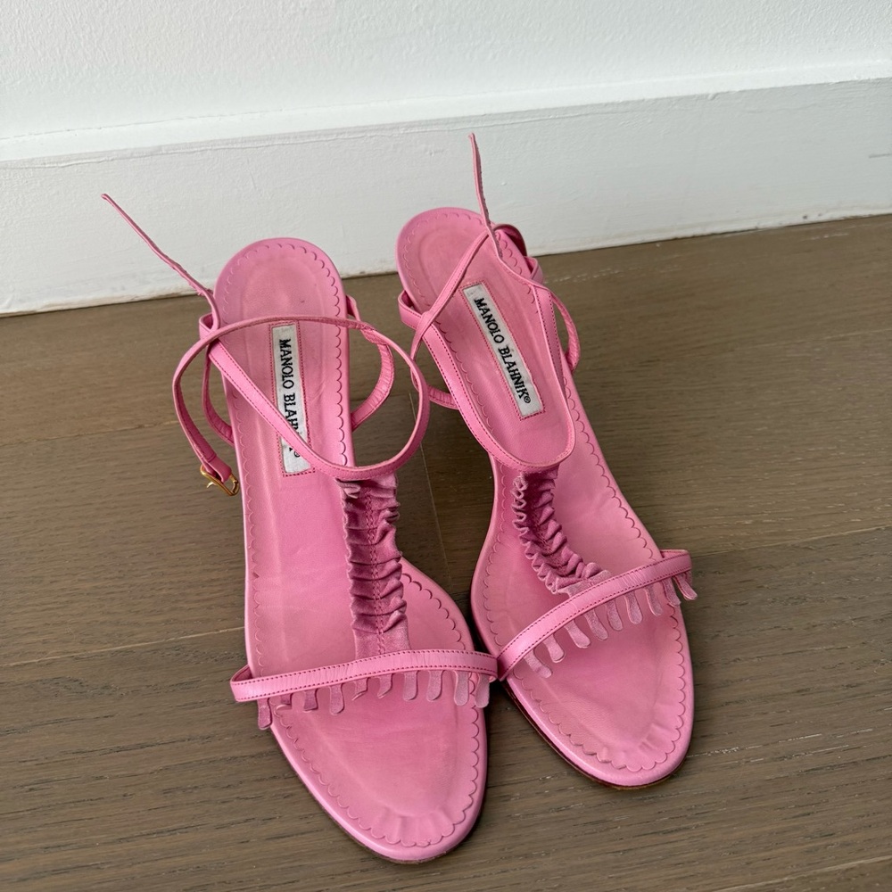 Manolo Blahnik Pink Suede + Leather Strappy Sandals